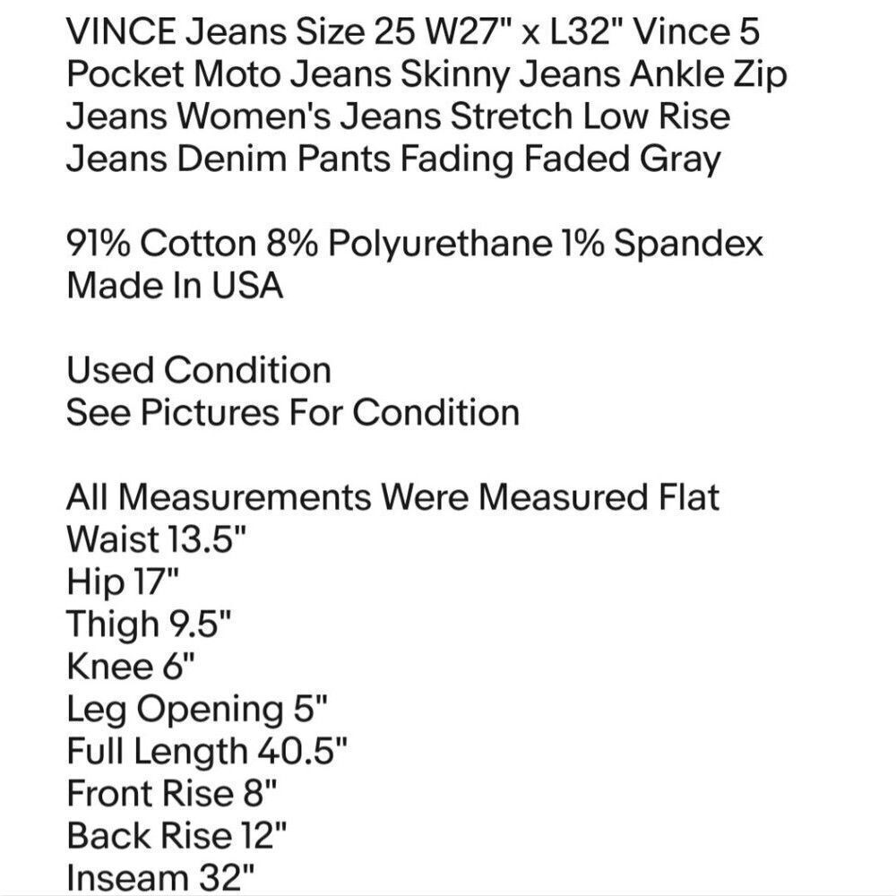 VINCE Jeans Size 25 W27" x L32" Vince 5 Pocket Moto Jeans Skinny Jeans Ankle Zip - Picture 2 of 7